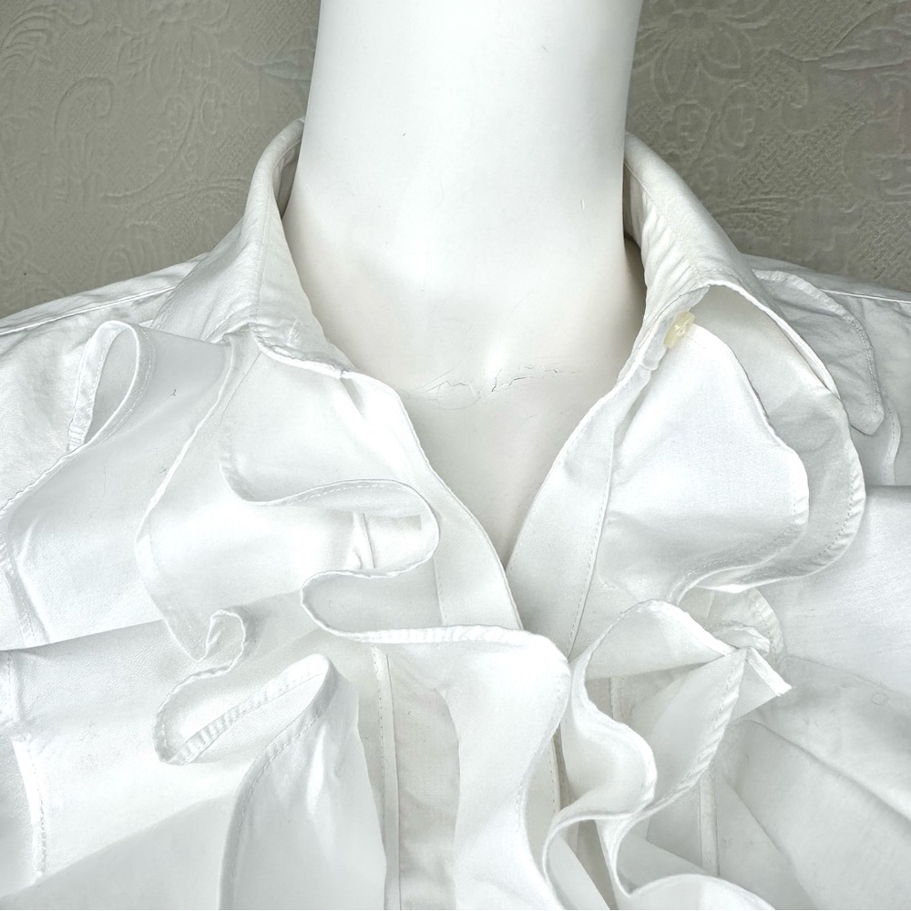 Lauren Ralph Lauren White Cotton Ruffle Front Button Down Shirt - Picture 5 of 16